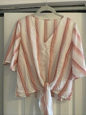 Lush Pink and White Striped Tie-Front V-Neck Blouse